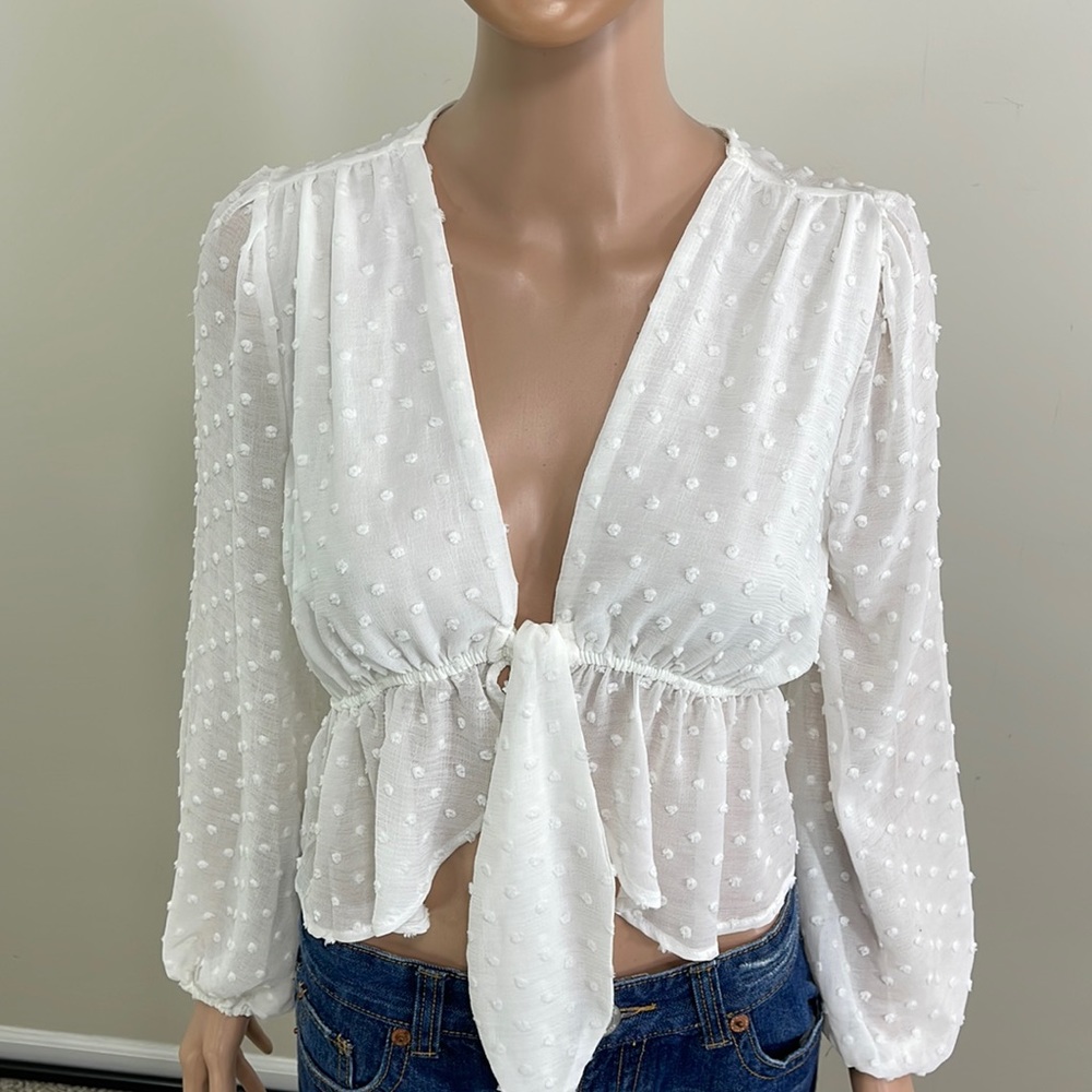TCEC Dobby Mesh Tie Front Peplum Top - Picture 9 of 16
